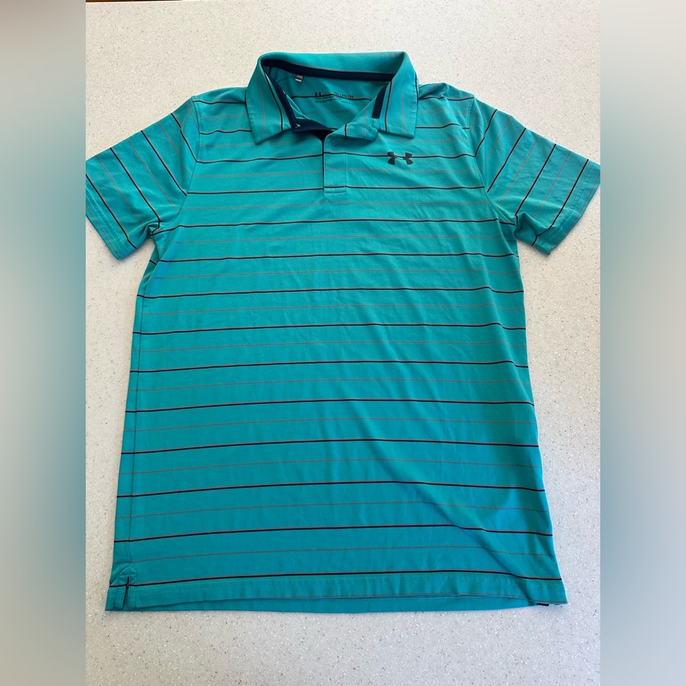 Under Armour Youth XL Loos Fit Aqua Blue Striped Athletic Polo Shirt. Golf!